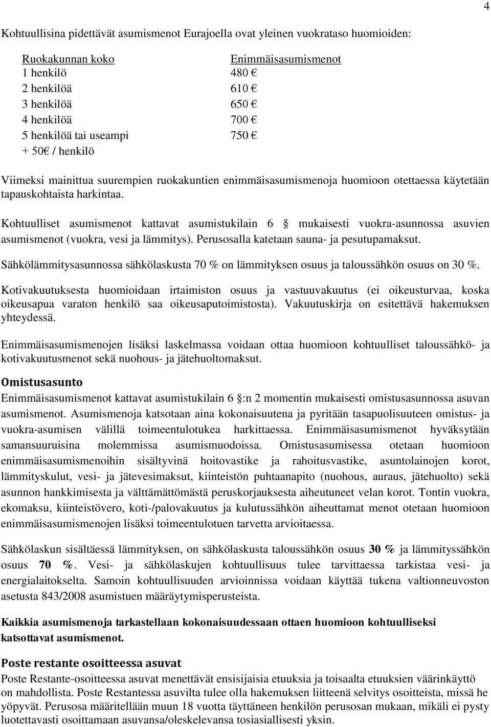 Kohtuulliset asumismenot kattavat asumistukilain 6 mukaisesti vuokra-asunnossa asuvien asumismenot (vuokra, vesi ja lämmitys). Perusosalla katetaan sauna- ja pesutupamaksut.