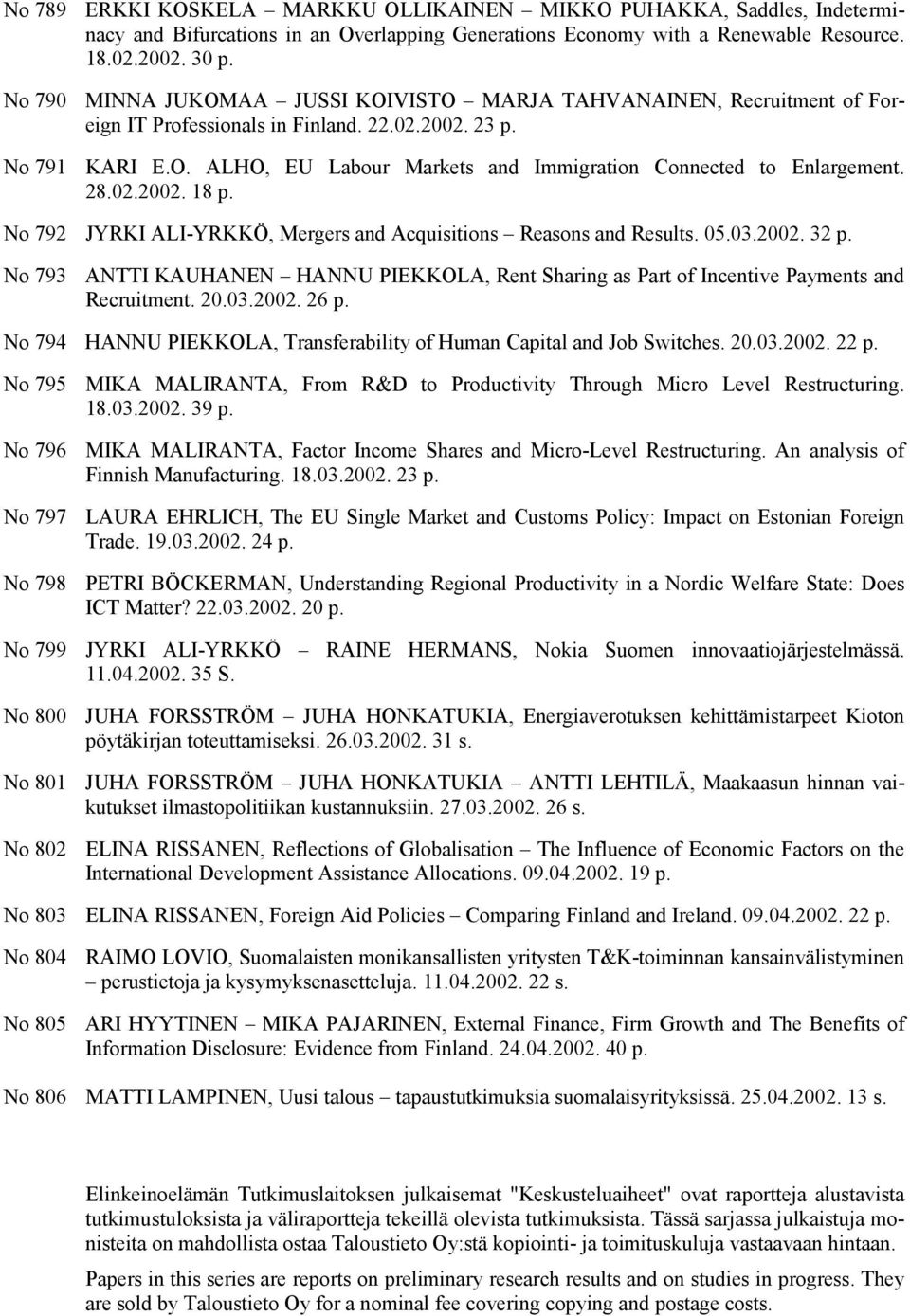 No 792 JYRKI ALI-YRKKÖ, Mergers and Acquisitions Reasons and Results. 05.03.2002. 32 p. No 793 ANTTI KAUHANEN HANNU PIEKKOLA, Rent Sharing as Part of Incentive Payments and Recruitment. 20.03.2002. 26 p.