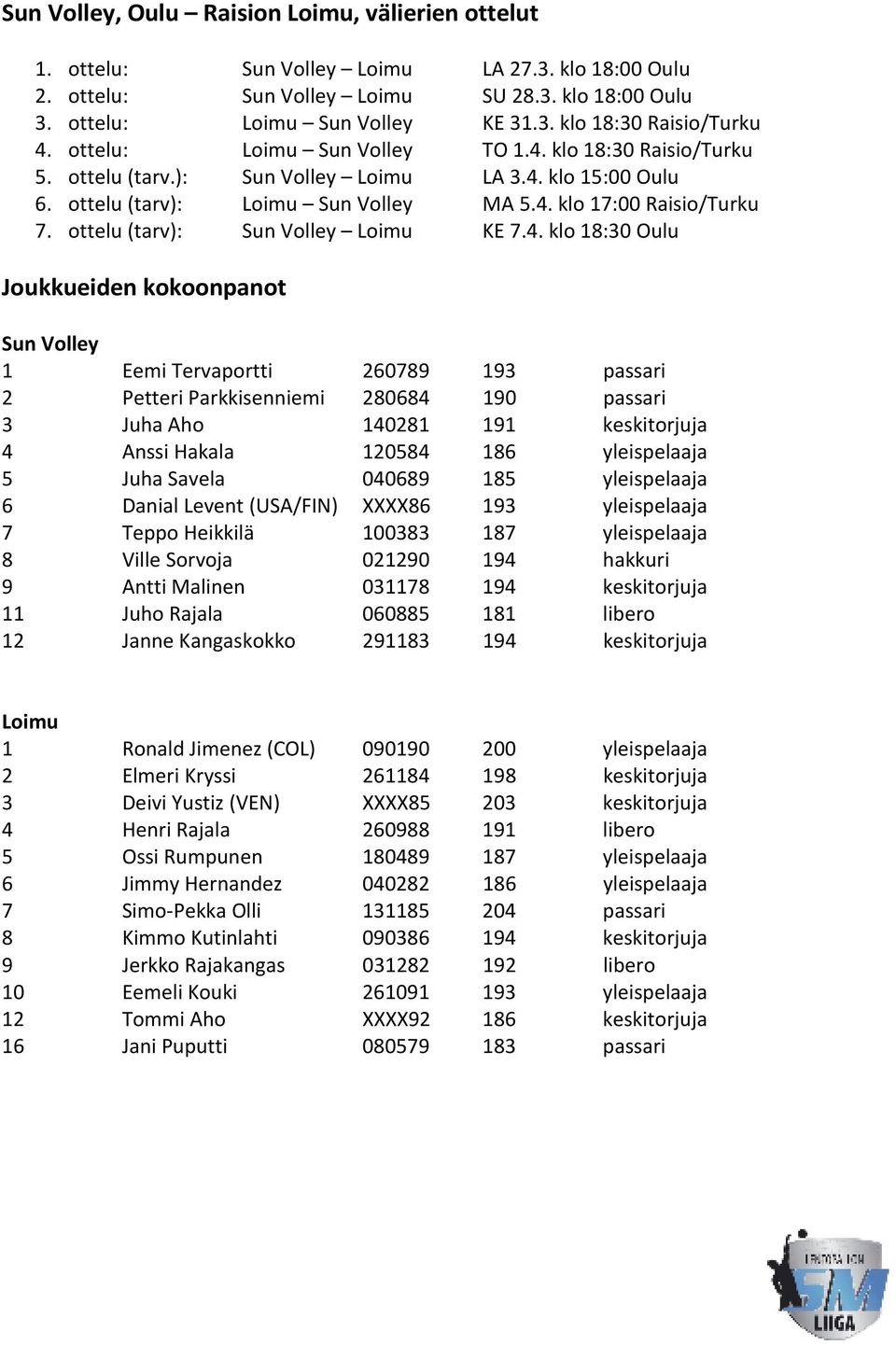 klo 15:00 Oulu 6. ottelu (tarv): MA 5.4.