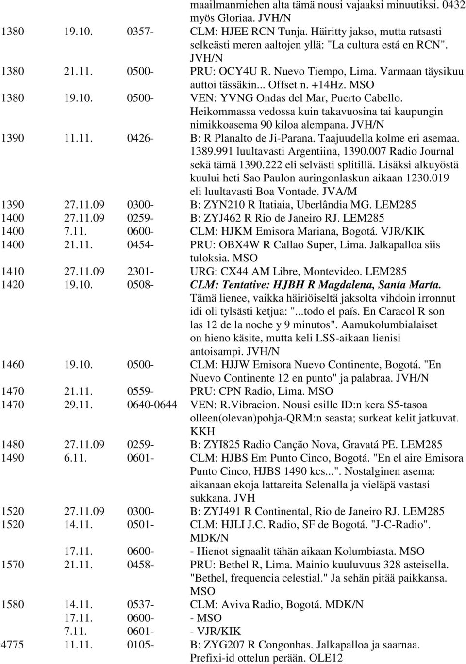MSO 1380 19.10. 0500- VEN: YVNG Ondas del Mar, Puerto Cabello. Heikommassa vedossa kuin takavuosina tai kaupungin nimikkoasema 90 kiloa alempana. JVH/N 1390 11.11. 0426- B: R Planalto de Ji-Parana.