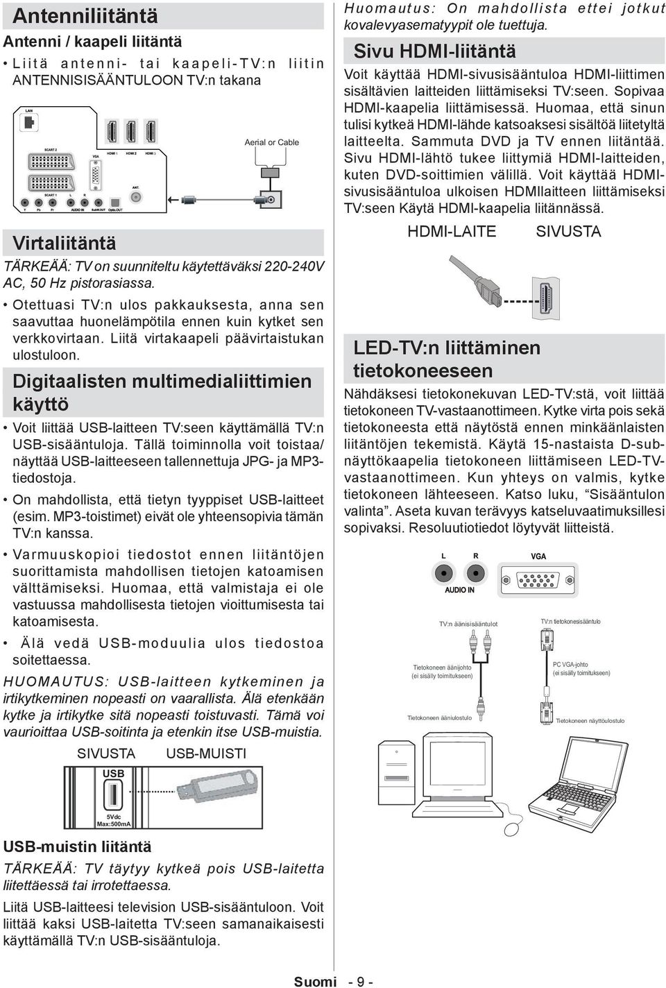 Digitaalisten multimedialiittimien käyttö Voit liittää USB-laitteen TV:seen käyttämällä TV:n USB-sisääntuloja.