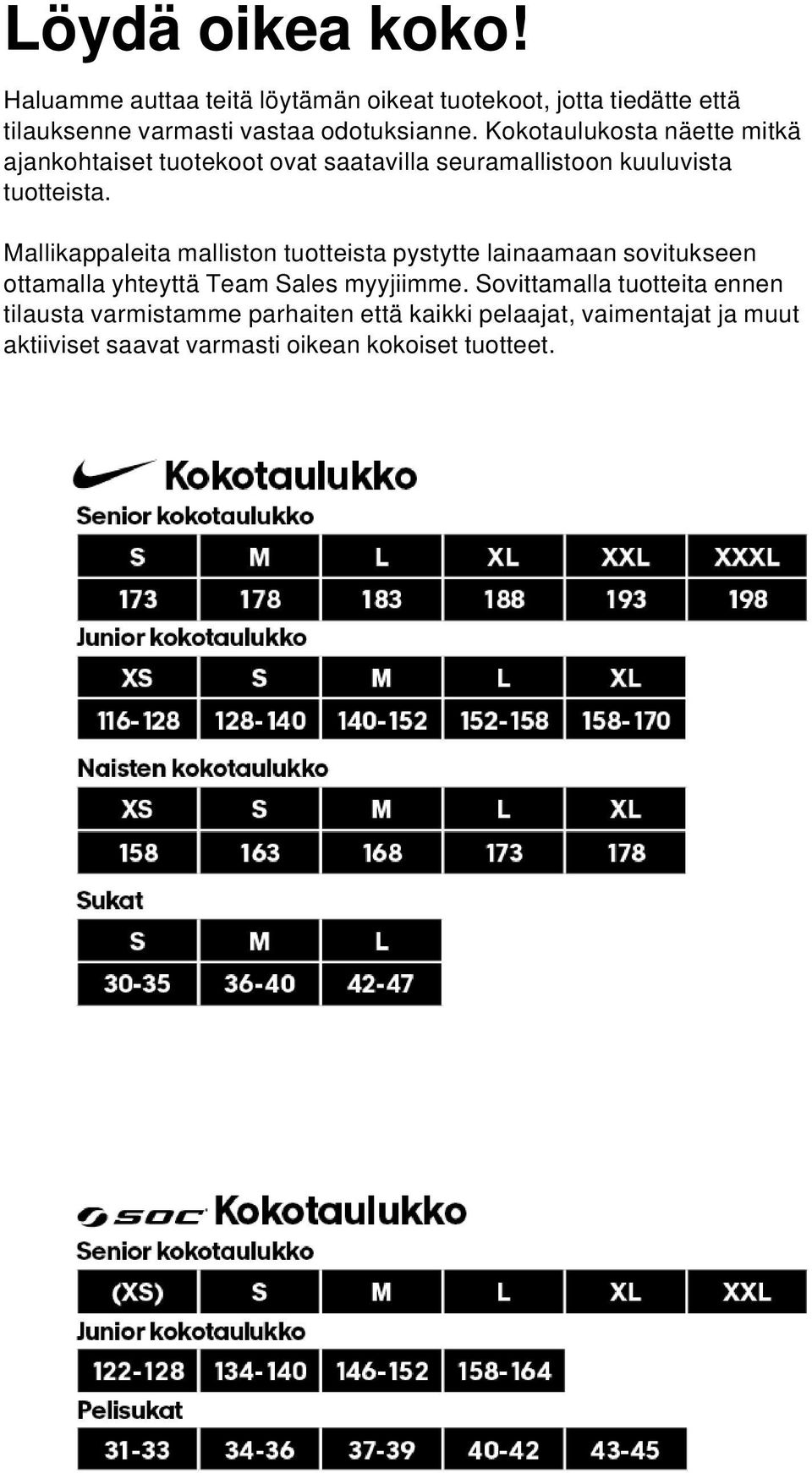 taulukosta näette mitkä ajankohtaiset tuotekoot ovat saatavilla seuramallistoon kuuluvista tuotteista.