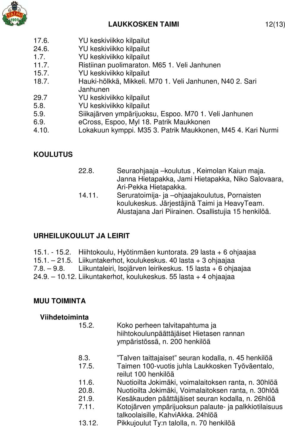 Patrik Maukkonen 4.10. Lokakuun kymppi. M35 3. Patrik Maukkonen, M45 4. Kari Nurmi KOULUTUS 22.8. Seuraohjaaja koulutus, Keimolan Kaiun maja.