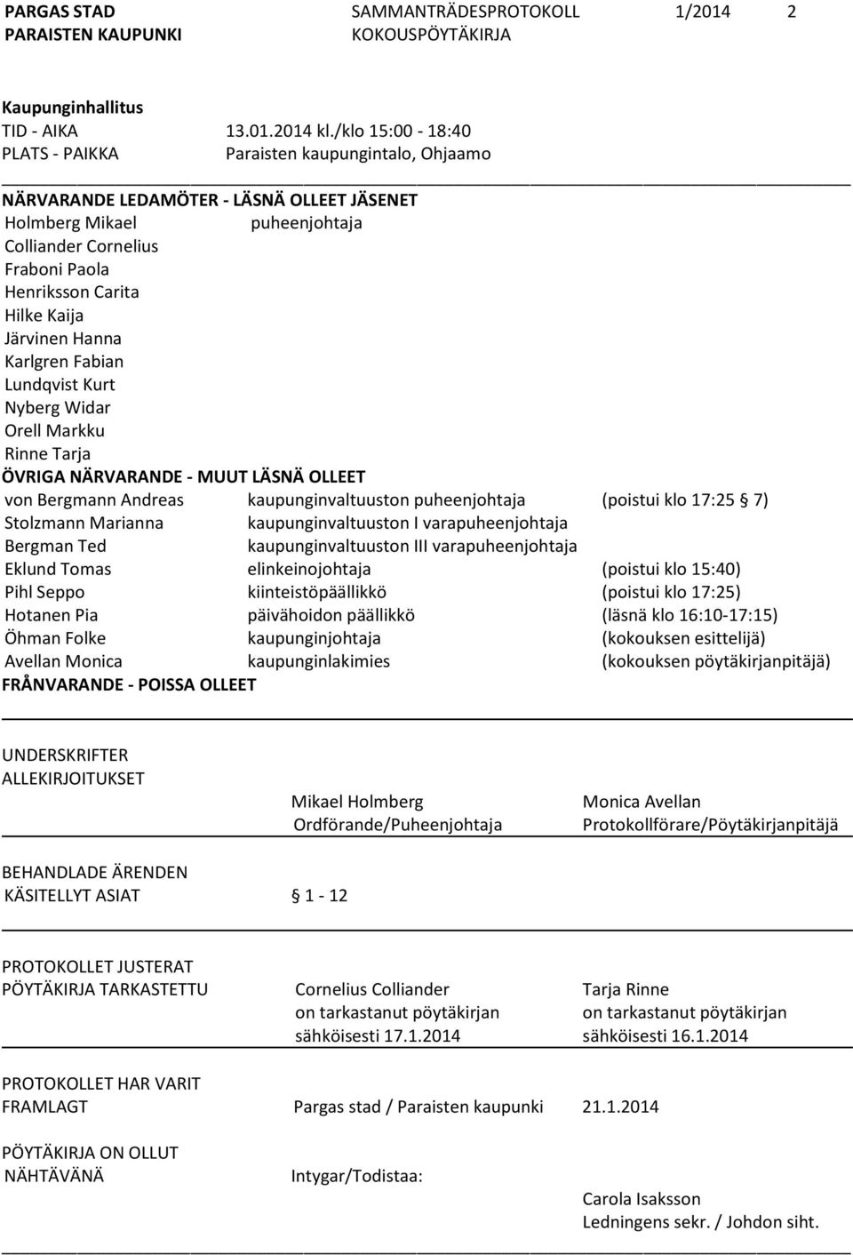 Kaija Järvinen Hanna Karlgren Fabian Lundqvist Kurt Nyberg Widar Orell Markku Rinne Tarja ÖVRIGA NÄRVARANDE - MUUT LÄSNÄ OLLEET von Bergmann Andreas kaupunginvaltuuston puheenjohtaja (poistui klo