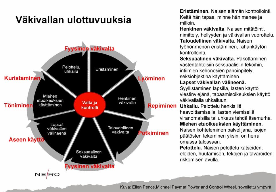 Naisen työhönmenon eristäminen, rahankäytön kontrollointi. Seksuaalinen väkivalta. Pakottaminen vastentahtoisiin seksuaalisiin tekoihin, intiimien kehonosien pahoinpitely, seksiobjektina käyttäminen.