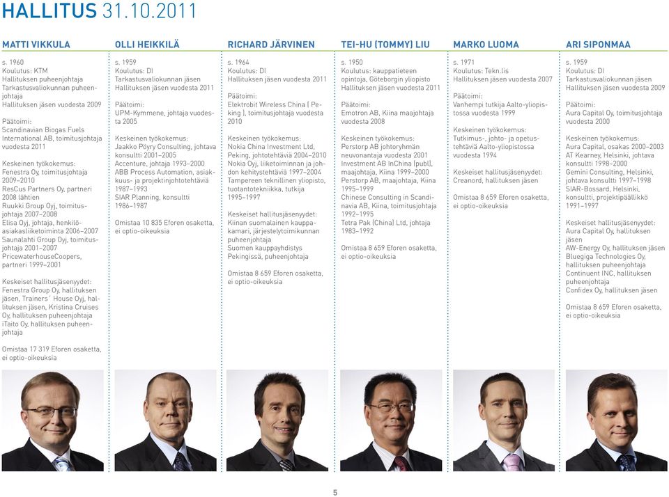 toimitusjohtaja 2009 2010 ResCus Partners Oy, partneri 2008 lähtien Ruukki Group Oyj, toimitusjohtaja 2007 2008 Elisa Oyj, johtaja, henkilöasiakasliiketoiminta 2006 2007 Saunalahti Group Oyj,