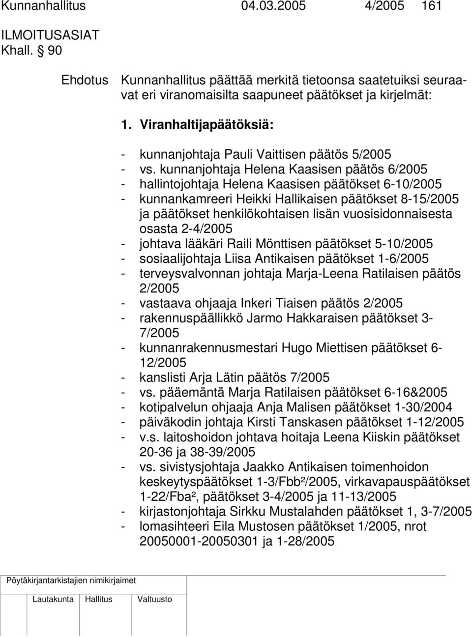 kunnanjohtaja Helena Kaasisen päätös 6/2005 - hallintojohtaja Helena Kaasisen päätökset 6-10/2005 - kunnankamreeri Heikki Hallikaisen päätökset 8-15/2005 ja päätökset henkilökohtaisen lisän