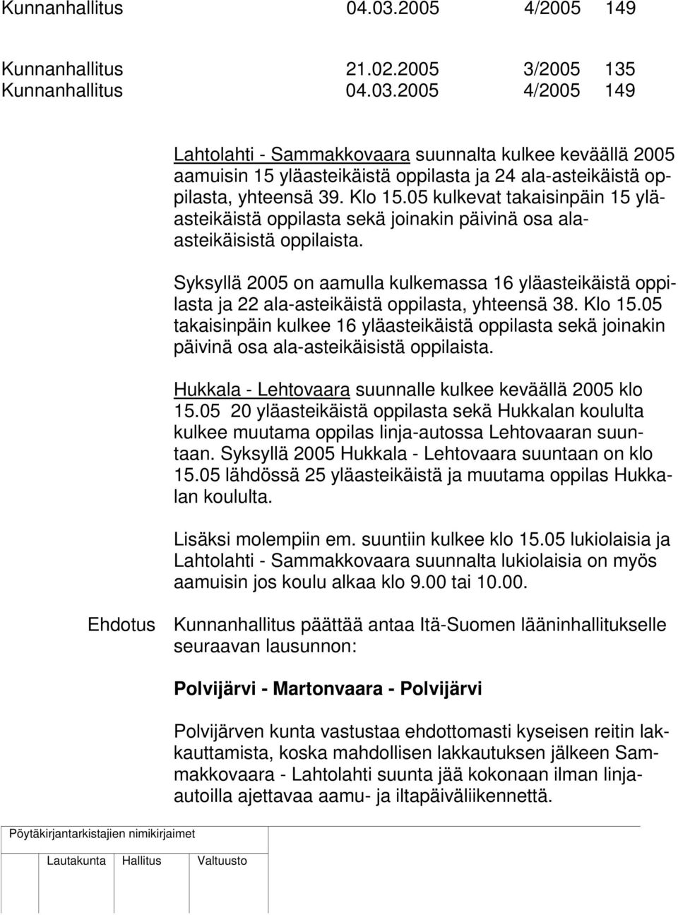 Syksyllä 2005 on aamulla kulkemassa 16 yläasteikäistä oppilasta ja 22 ala-asteikäistä oppilasta, yhteensä 38. Klo 15.