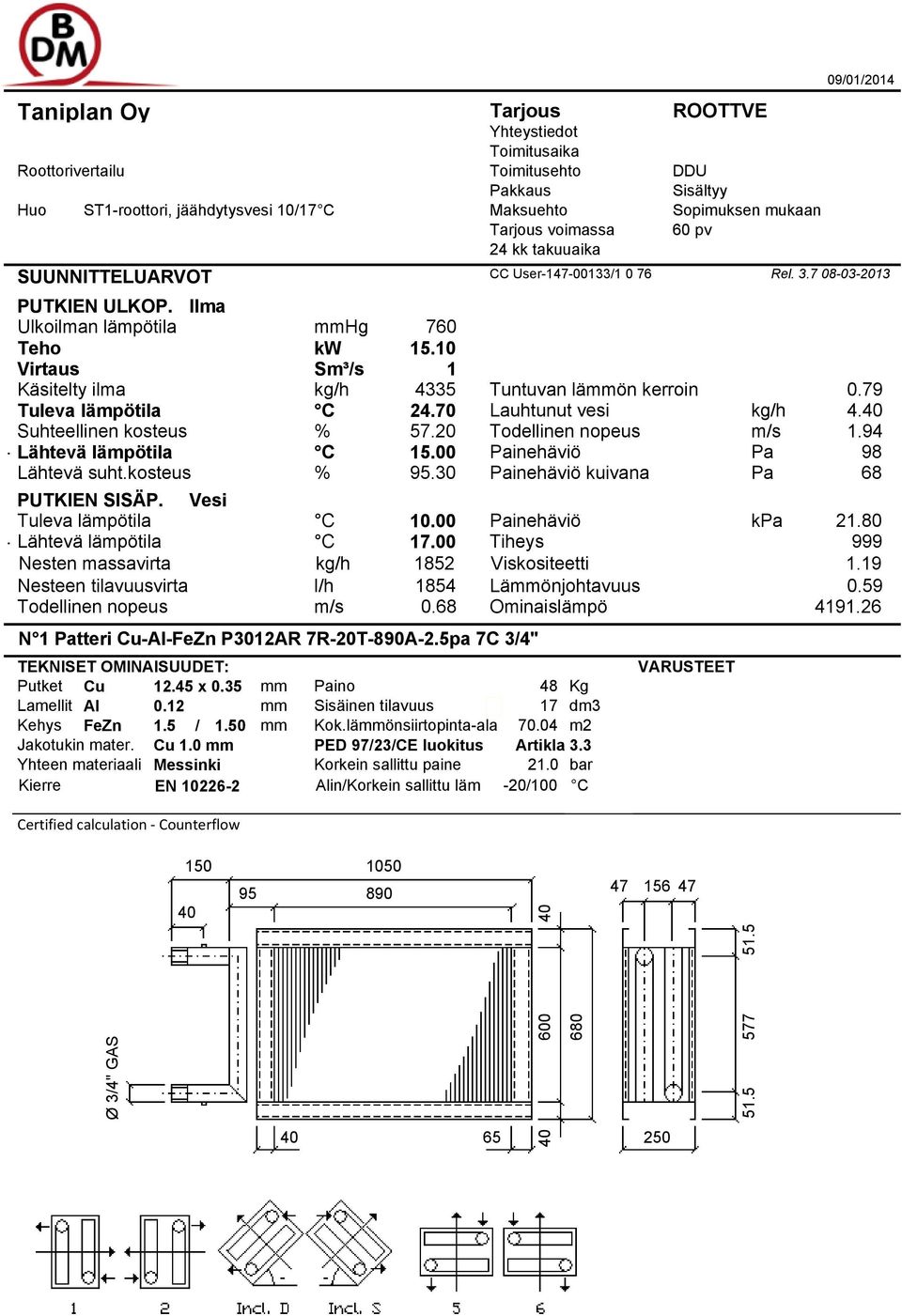 00 Painehäviö Pa 98 Lähtevä suht.kosteus % 95.30 Painehäviö kuivana Pa 68 Tuleva lämpötila C 10.00 Painehäviö kpa 21.80. Lähtevä lämpötila C 17.