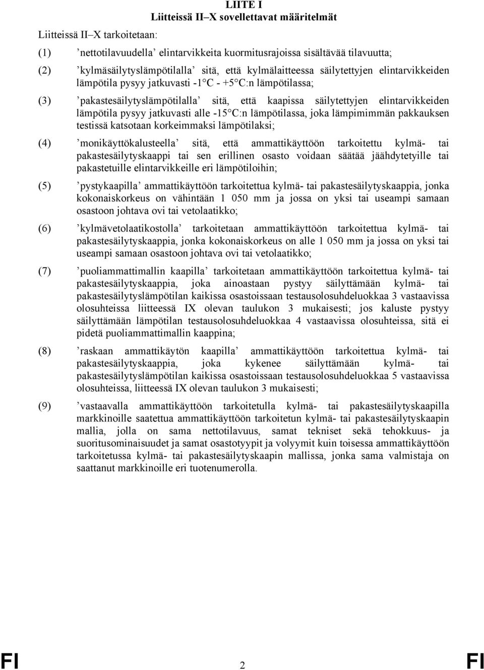 pysyy jatkuvasti alle -15 C:n lämpötilassa, joka lämpimimmän pakkauksen testissä katsotaan korkeimmaksi lämpötilaksi; (4) monikäyttökalusteella sitä, että ammattikäyttöön tarkoitettu kylmä- tai