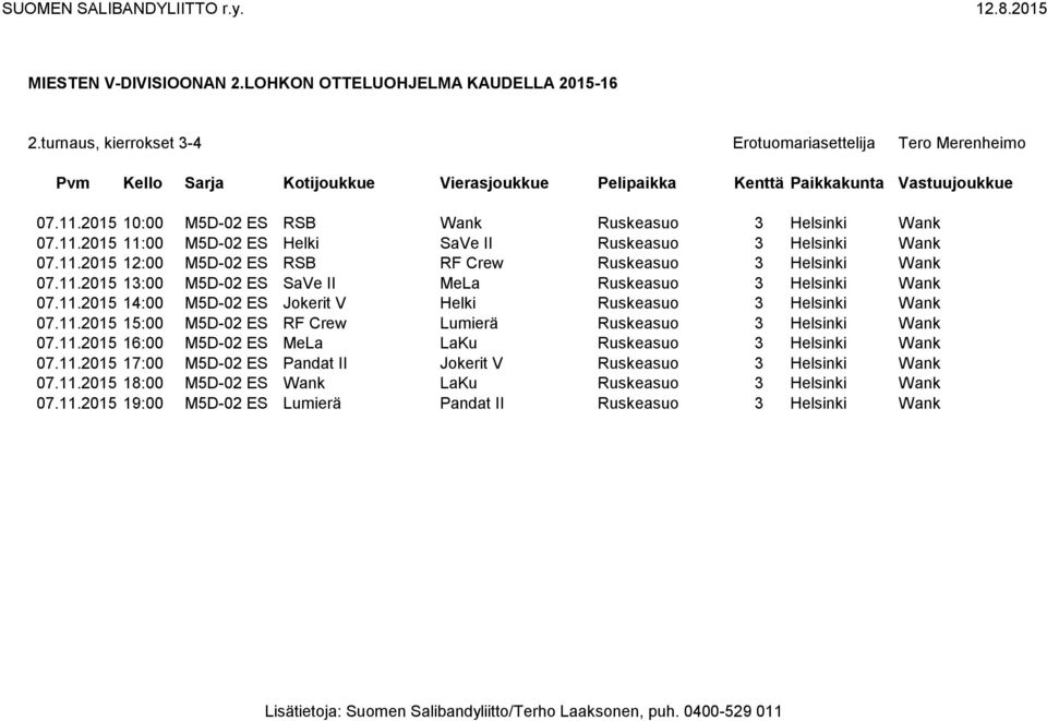 11.2015 15:00 M5D-02 ES RF Crew Lumierä Ruskeasuo 3 Helsinki Wank 07.11.2015 16:00 M5D-02 ES MeLa LaKu Ruskeasuo 3 Helsinki Wank 07.11.2015 17:00 M5D-02 ES Pandat II Jokerit V Ruskeasuo 3 Helsinki Wank 07.