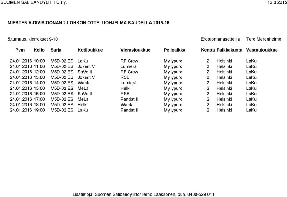 01.2016 15:00 M5D-02 ES MeLa Helki Myllypuro 2 Helsinki LaKu 24.01.2016 16:00 M5D-02 ES SaVe II RSB Myllypuro 2 Helsinki LaKu 24.01.2016 17:00 M5D-02 ES MeLa Pandat II Myllypuro 2 Helsinki LaKu 24.