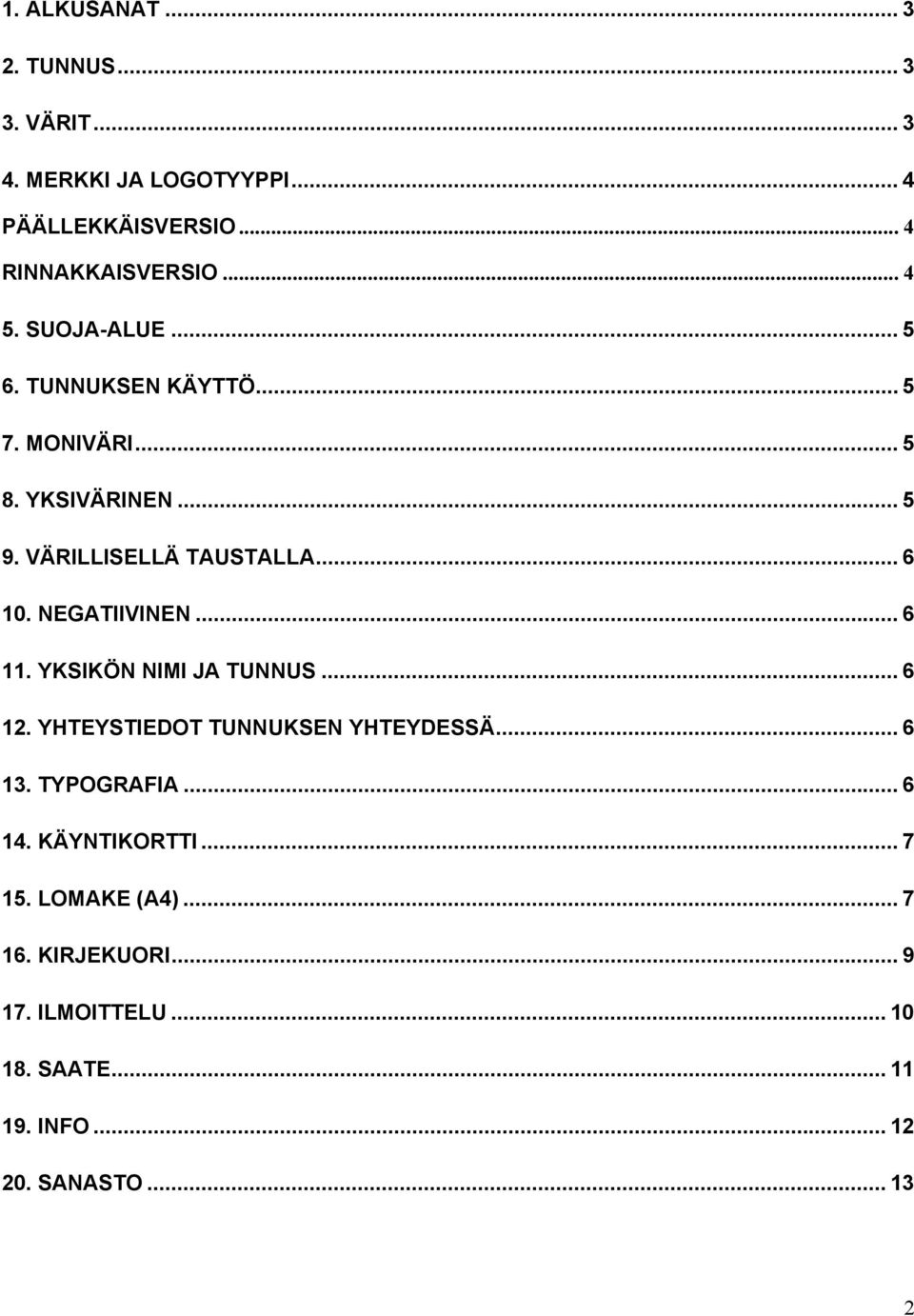 NEGATIIVINEN... 6 11. YKSIKÖN NIMI JA TUNNUS... 6 12. YHTEYSTIEDOT TUNNUKSEN YHTEYDESSÄ... 6 13. TYPOGRAFIA... 6 14.