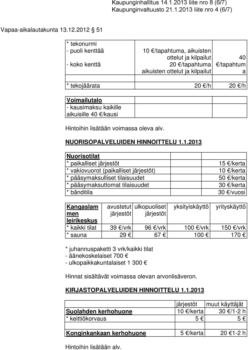 kilpailut 40 /tapahtum a * tekojäärata 20 /h 20 /h Voimailutalo - kausimaksu kaikille aikuisille 40 /kausi Hintoihin lisätään voimassa oleva alv. NUORISOPALVELUIDEN HINNOITTELU 1.