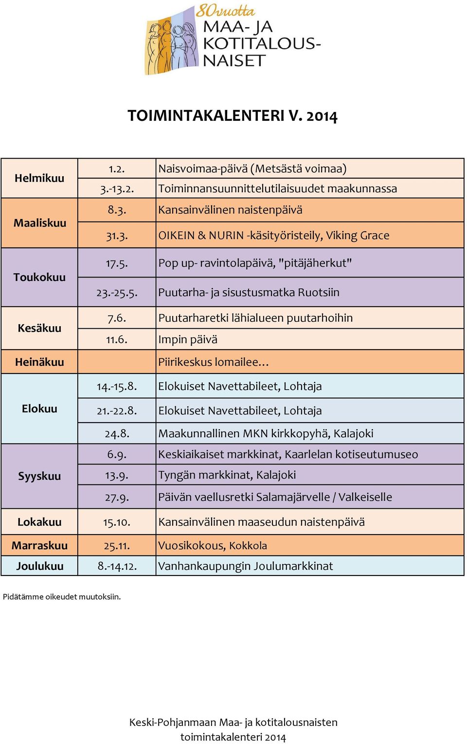 -15.8. Elokuiset Navettabileet, Lohtaja Elokuu Syyskuu 21.-22.8. Elokuiset Navettabileet, Lohtaja 24.8. Maakunnallinen MKN kirkkopyhä, Kalajoki 6.9.