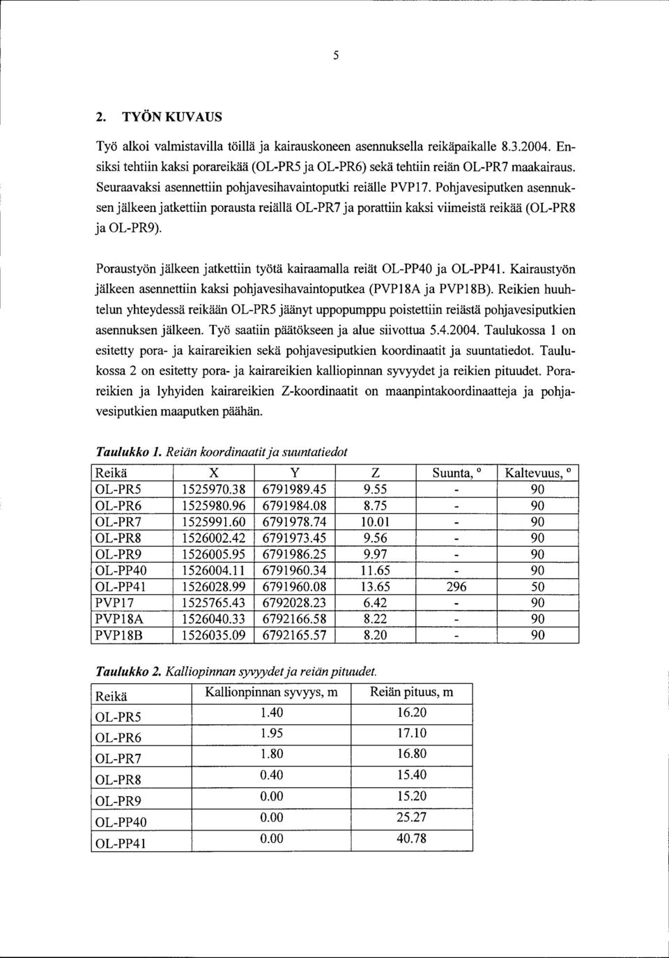 Poraustyon jalkeen jatkettiin tyota kairaamalla reiat OL-PP40 ja OL-PP41. Kairaustyon jalkeen asennettiin kaksi pohjavesihavaintoputkea (PVP18A ja PVP18B).