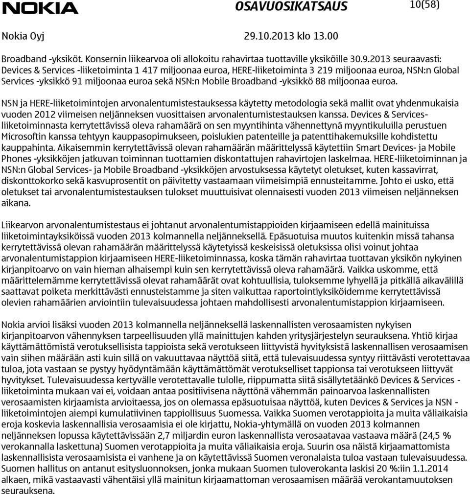 seuraavasti: Devices & Services -liiketoiminta 1 417 miljoonaa euroa, HERE-liiketoiminta 3 219 miljoonaa euroa, NSN:n Global Services -yksikkö 91 miljoonaa euroa sekä NSN:n Mobile Broadband -yksikkö