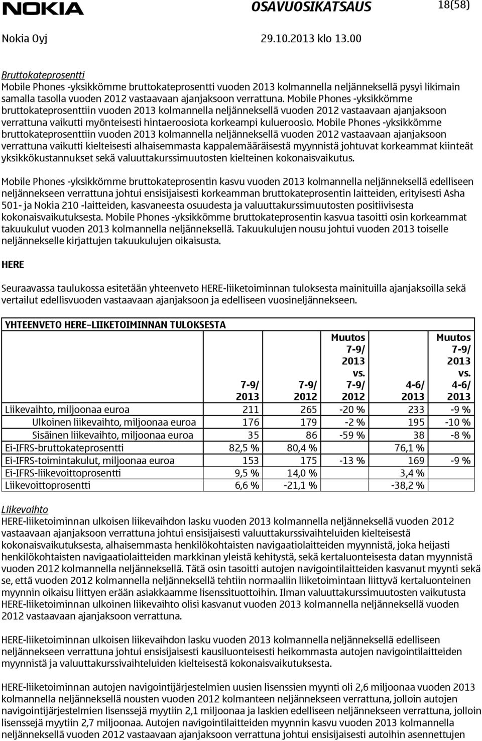 Mobile Phones -yksikkömme bruttokateprosenttiin vuoden kolmannella neljänneksellä vuoden 2012 vastaavaan ajanjaksoon verrattuna vaikutti myönteisesti hintaeroosiota korkeampi kulueroosio.