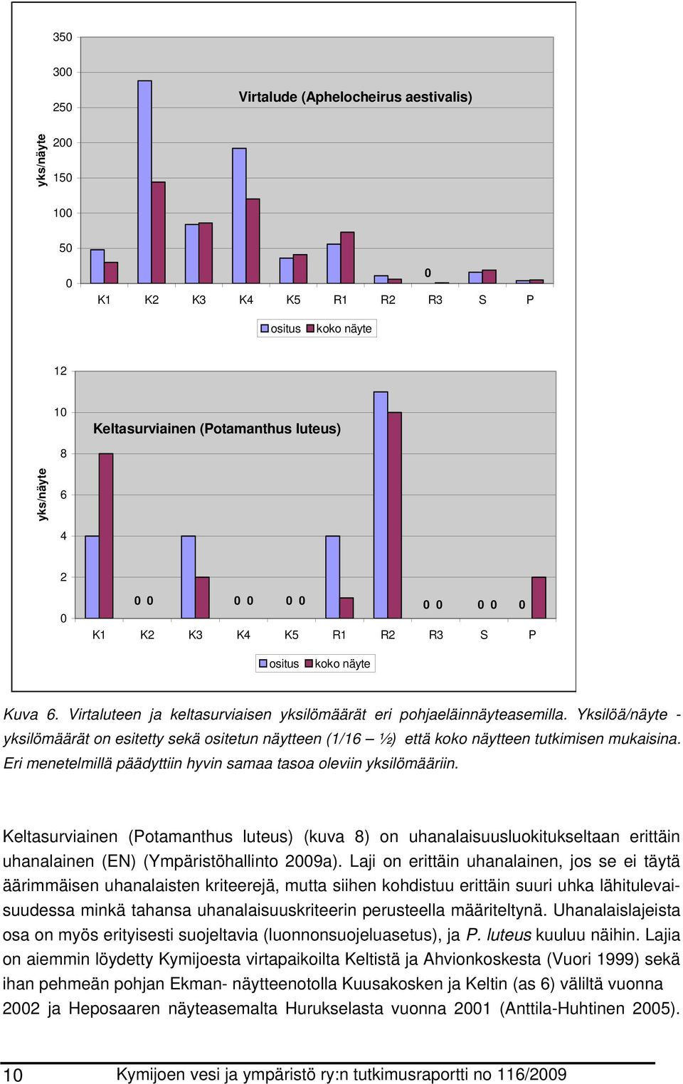 Yksilöä/näyte - yksilömäärät on esitetty sekä ositetun näytteen (1/16 ½) että koko näytteen tutkimisen mukaisina. Eri menetelmillä päädyttiin hyvin samaa tasoa oleviin yksilömääriin.
