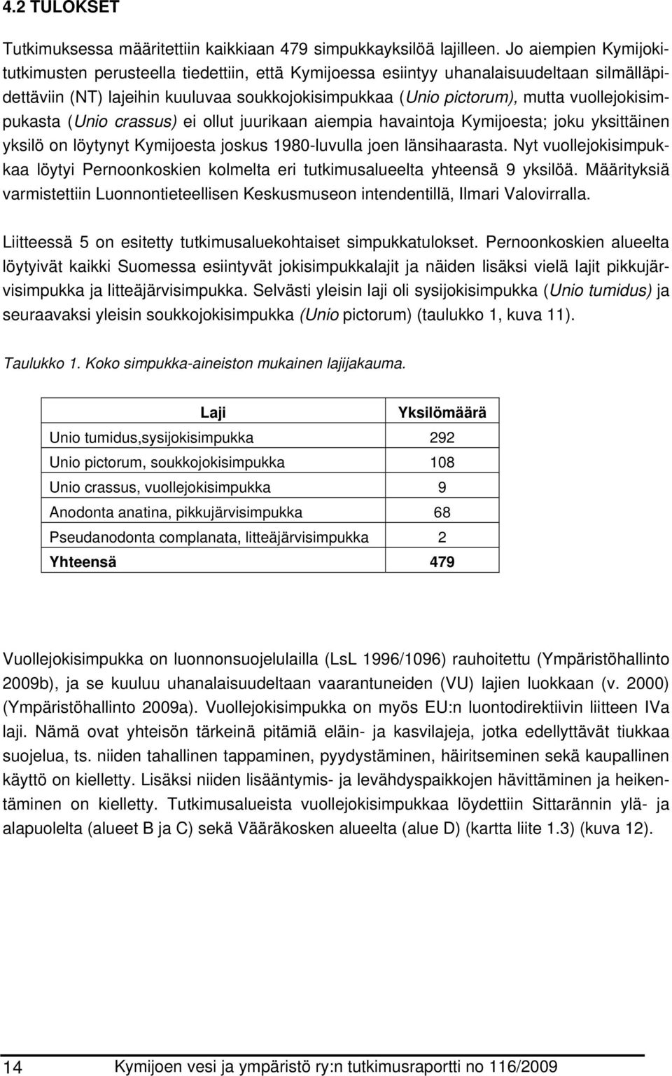 vuollejokisimpukasta (Unio crassus) ei ollut juurikaan aiempia havaintoja Kymijoesta; joku yksittäinen yksilö on löytynyt Kymijoesta joskus 1980-luvulla joen länsihaarasta.