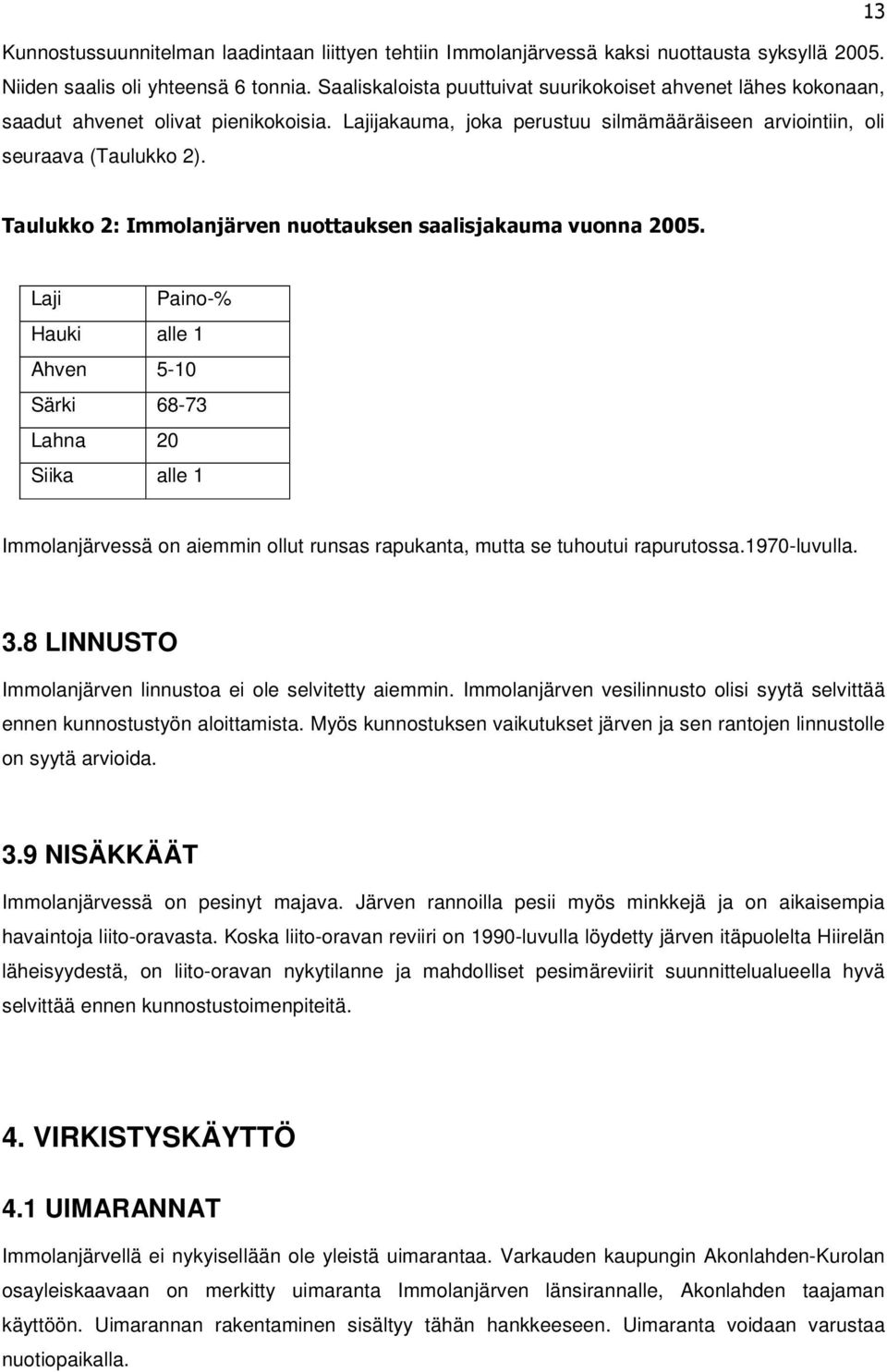 Taulukko 2: Immolanjärven nuottauksen saalisjakauma vuonna 2005.