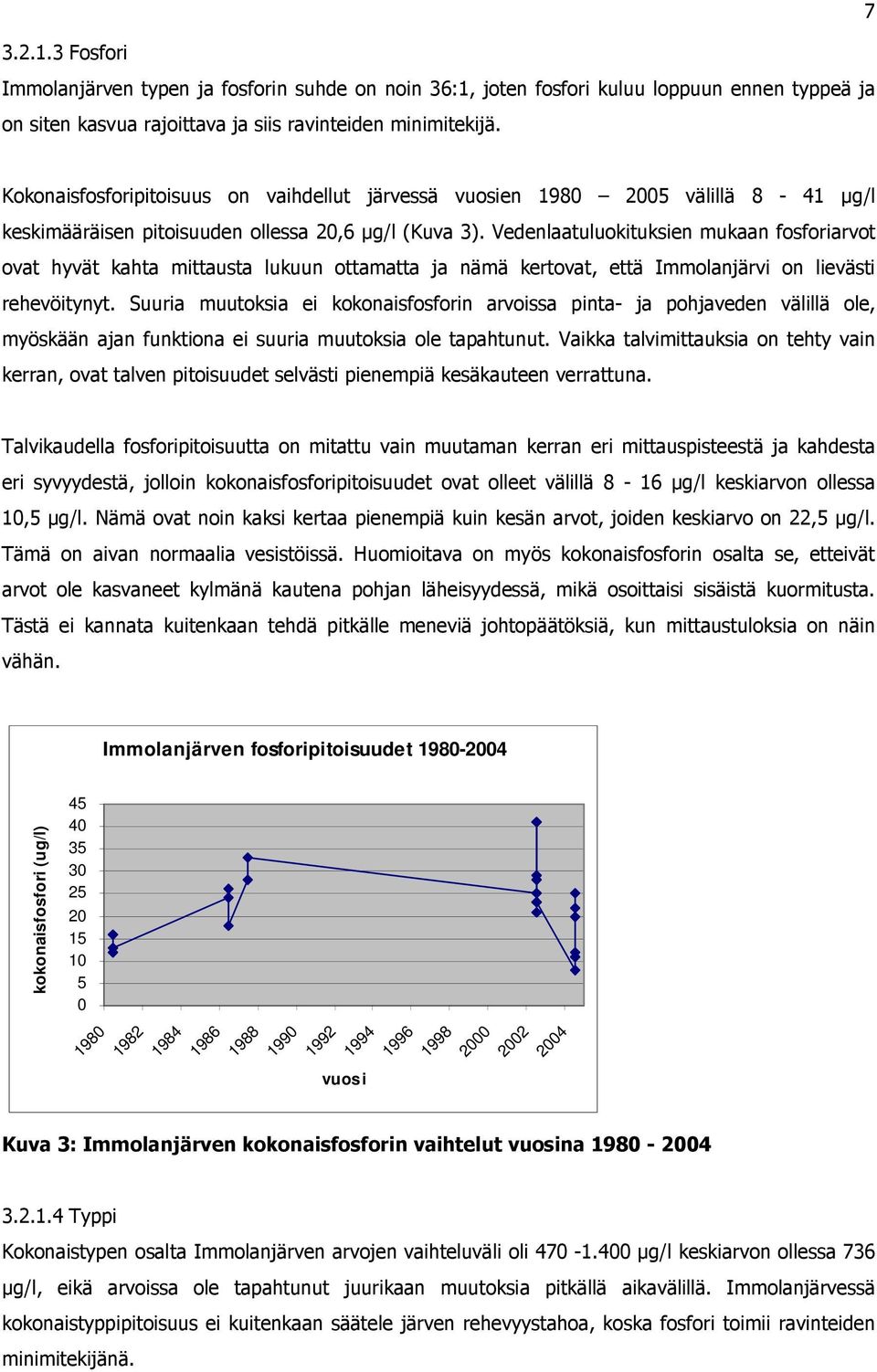 Vedenlaatuluokituksien mukaan fosforiarvot ovat hyvät kahta mittausta lukuun ottamatta ja nämä kertovat, että Immolanjärvi on lievästi rehevöitynyt.