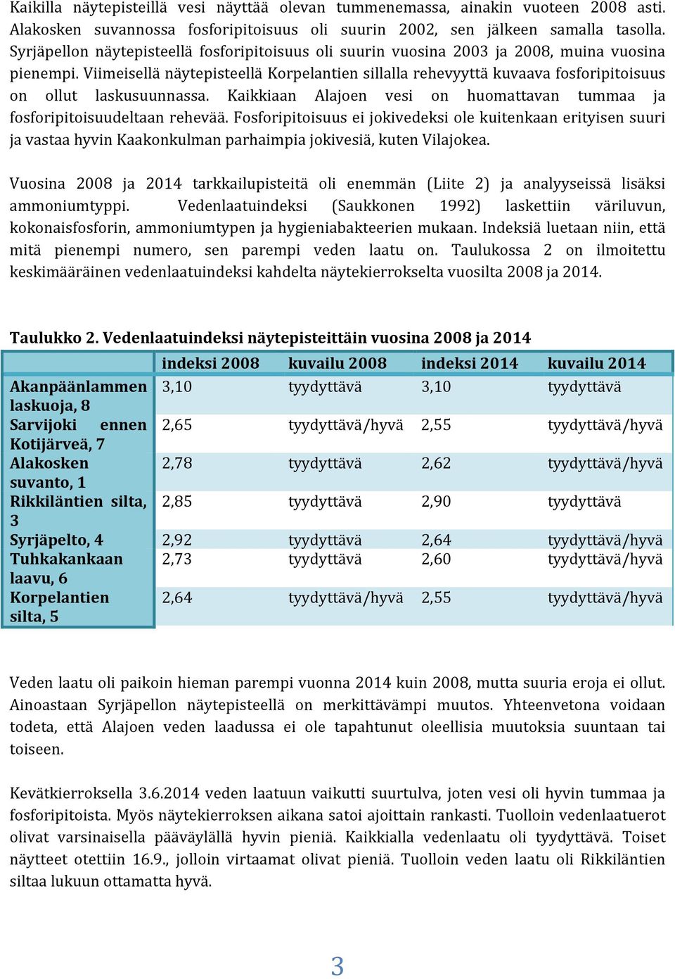 Viimeisellä näytepisteellä Korpelantien sillalla rehevyyttä kuvaava fosforipitoisuus on ollut laskusuunnassa. Kaikkiaan Alajoen vesi on huomattavan tummaa ja fosforipitoisuudeltaan rehevää.