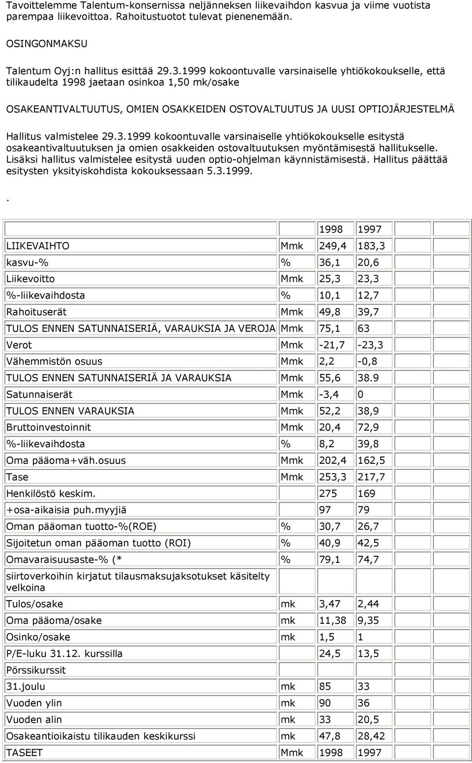 valmistelee 29.3.1999 kokoontuvalle varsinaiselle yhtiökokoukselle esitystä osakeantivaltuutuksen ja omien osakkeiden ostovaltuutuksen myöntämisestä hallitukselle.