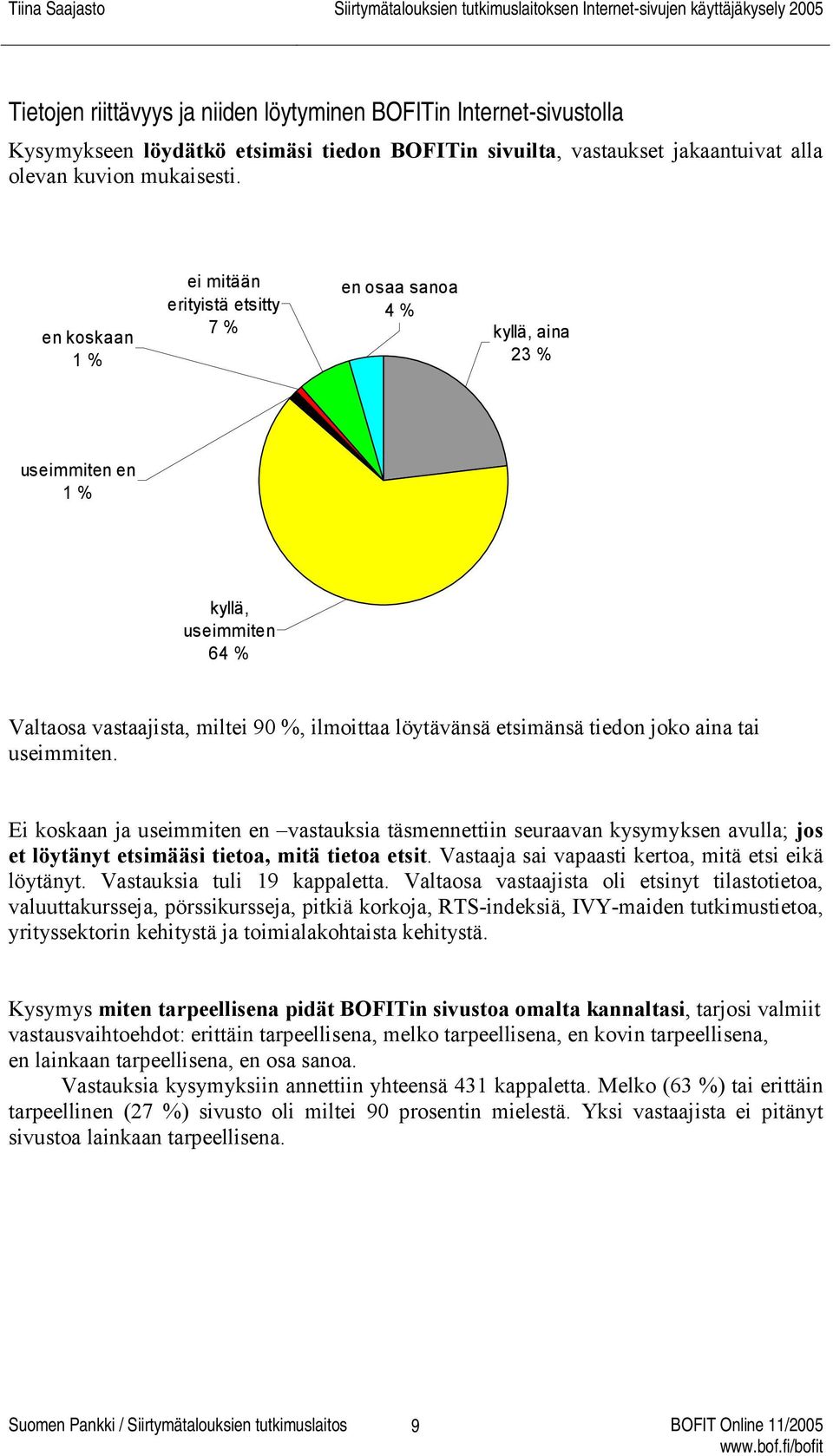 joko aina tai useimmiten. Ei koskaan ja useimmiten en vastauksia täsmennettiin seuraavan kysymyksen avulla; jos et löytänyt etsimääsi tietoa, mitä tietoa etsit.