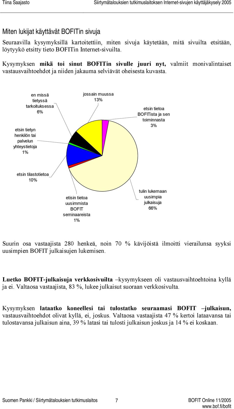 en missä tietyssä tarkoituksessa 6% etsin tietyn henkilön tai palvelun yhteystietoja 1% jossain muussa 13% etsin tietoa BOFITista ja sen toiminnasta 3% etsin tilastotietoa 10% etisin tietoa