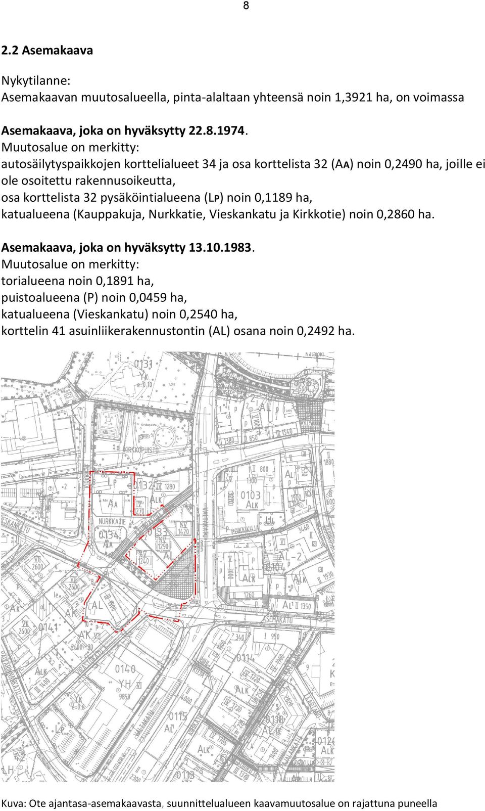 noin 0,1189 ha, katualueena (Kauppakuja, Nurkkatie, Vieskankatu ja Kirkkotie) noin 0,2860 ha. Asemakaava, joka on hyväksytty 13.10.1983.