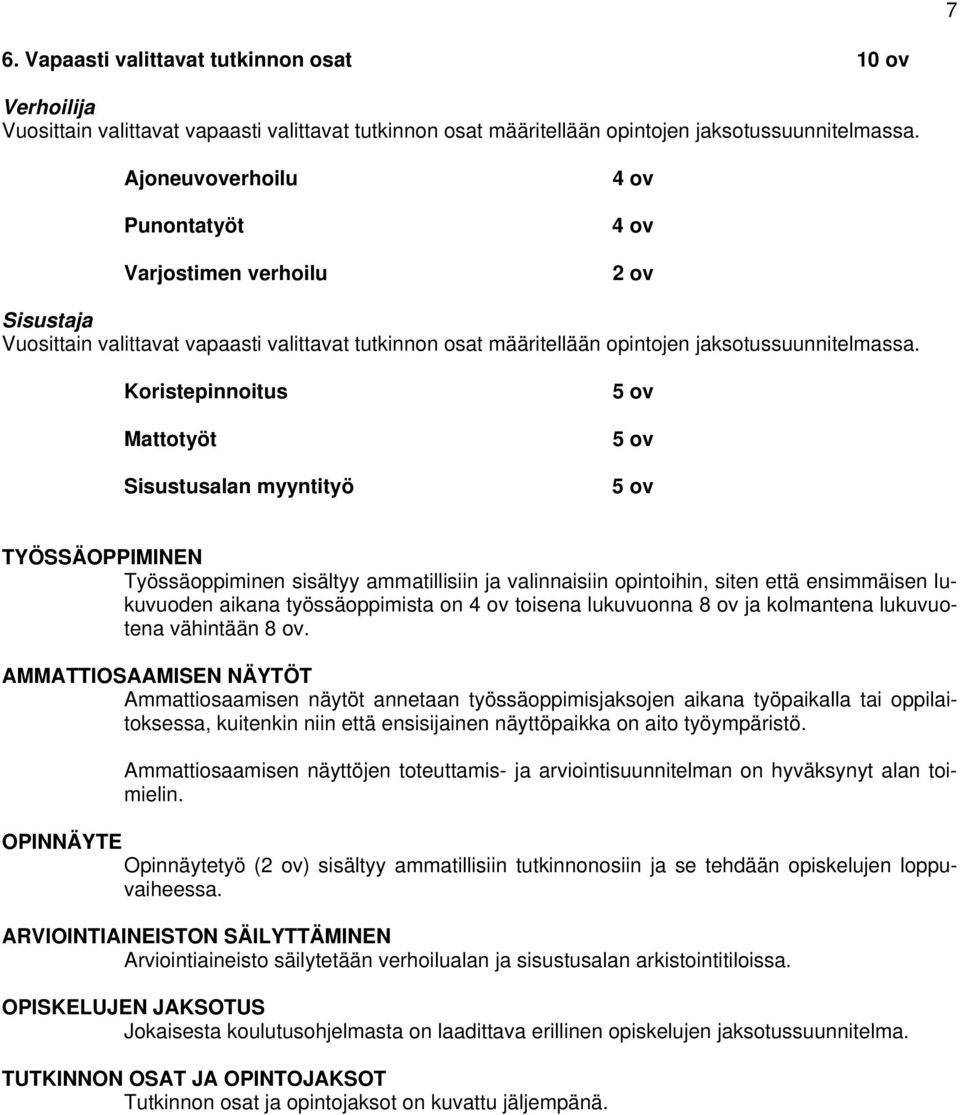 Koristepinnoitus Mattotyöt Sisustusalan myyntityö 5 ov 5 ov 5 ov TYÖSSÄOPPIMINEN Työssäoppiminen sisältyy ammatillisiin ja valinnaisiin opintoihin, siten että ensimmäisen lukuvuoden aikana