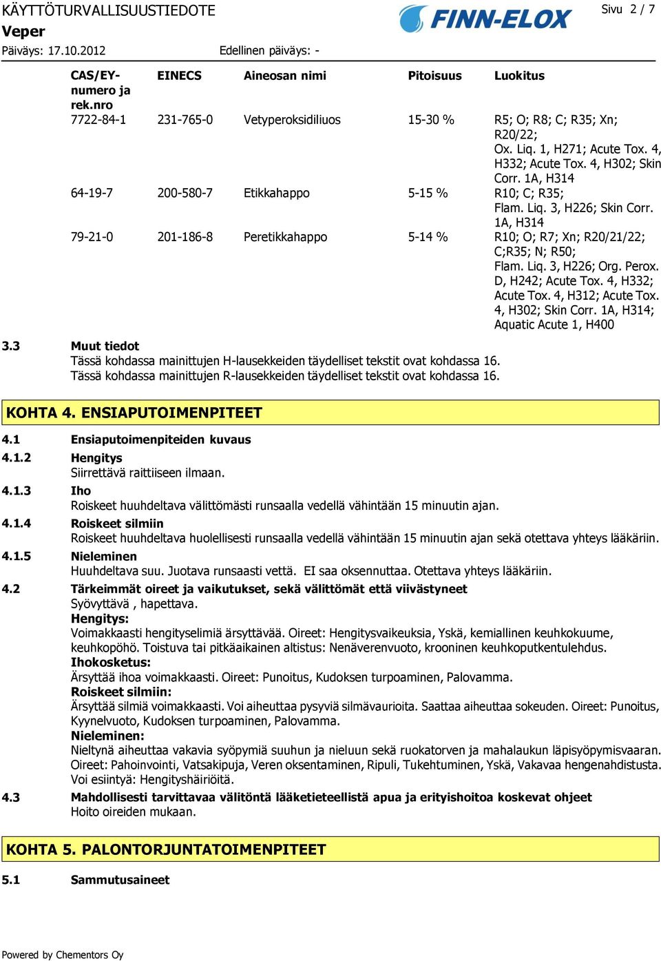 4, H332; Acute Tox. 4, H312; Acute Tox. 4, H302; Skin Corr. 1A, H314; Aquatic Acute 1, H400 64-19-7 200-580-7 Etikkahappo 5-15 % 79-21-0 201-186-8 Peretikkahappo 5-14 % 3.