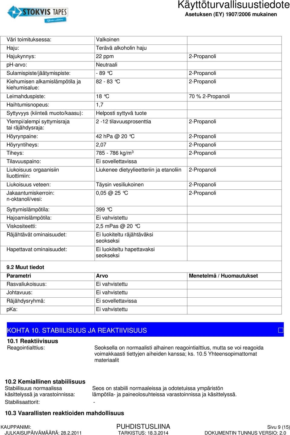 tilavuusprosenttia 2-Propanoli Höyrynpaine: 42 hpa @ 20 C 2-Propanoli Höyryntiheys: 2,07 2-Propanoli Tiheys: 785-786 kg/m 3 2-Propanoli Tilavuuspaino: Liukoisuus orgaanisiin liuottimiin: Ei