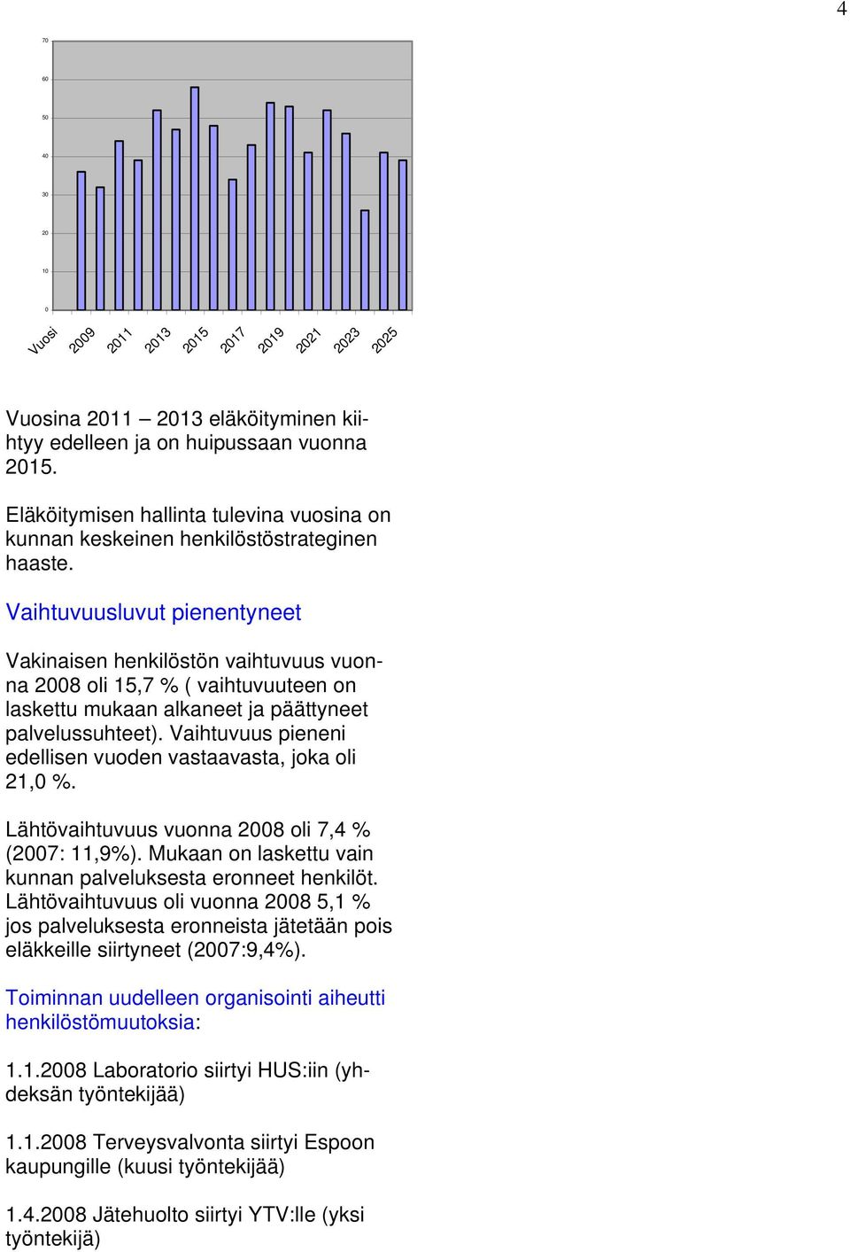 Vaihtuvuusluvut pienentyneet Vakinaisen henkilöstön vaihtuvuus vuonna 2008 oli 15,7 % ( vaihtuvuuteen on laskettu mukaan alkaneet ja päättyneet palvelussuhteet).