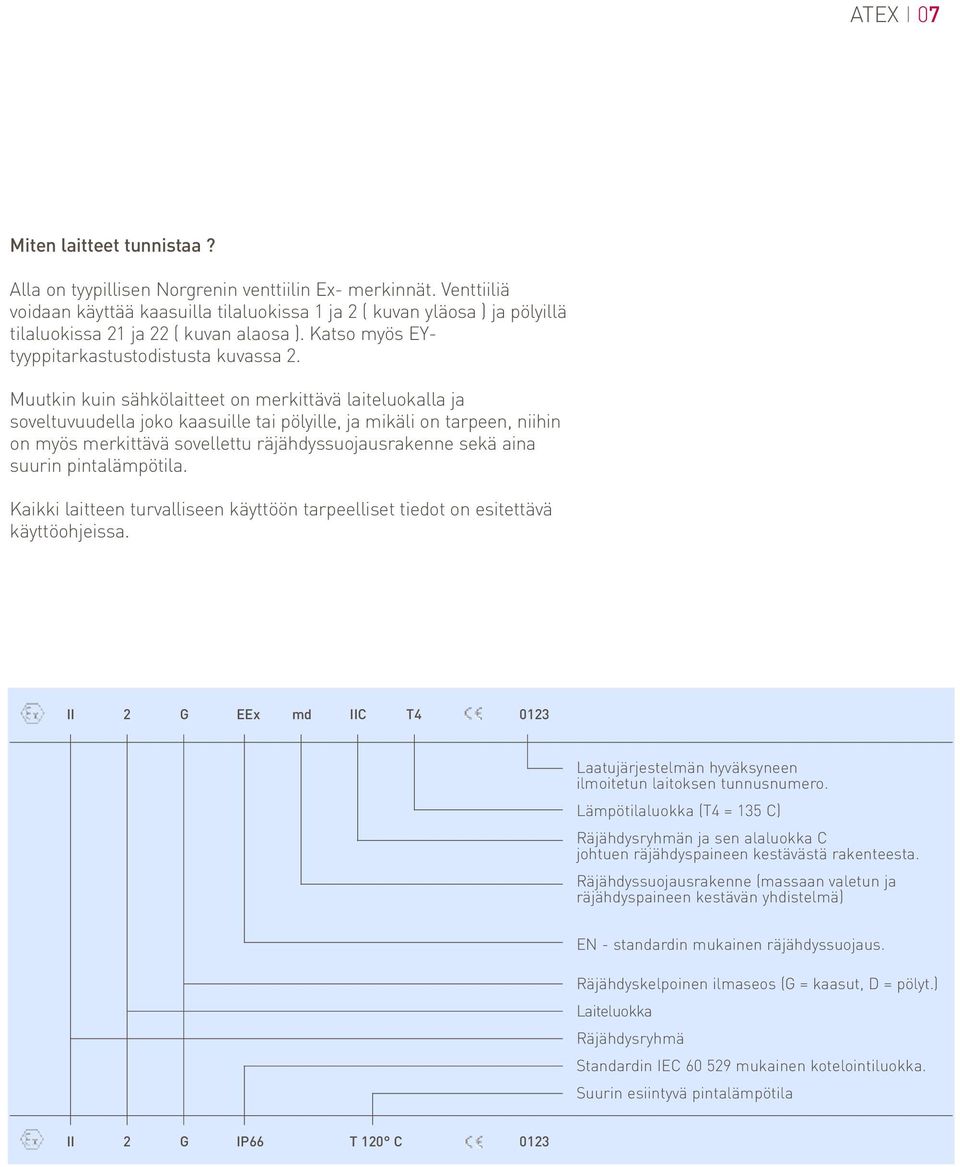 Muutkin kuin sähkölaitteet on merkittävä laiteluokalla ja soveltuvuudella joko kaasuille tai pölyille, ja mikäli on tarpeen, niihin on myös merkittävä sovellettu räjähdyssuojausrakenne sekä aina