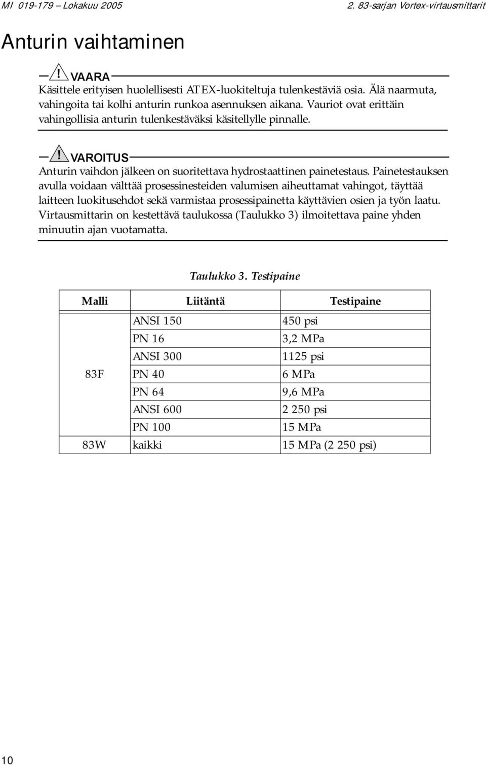 ! VAROITUS Anturin vaihdon jälkeen on suoritettava hydrostaattinen painetestaus.