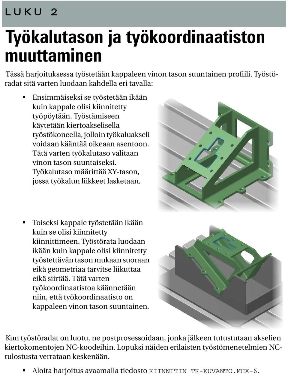 Työstämiseen käytetään kiertoakselisella työstökoneella, jolloin työkaluakseli voidaan kääntää oikeaan asentoon. Tätä varten työkalutaso valitaan vinon tason suuntaiseksi.