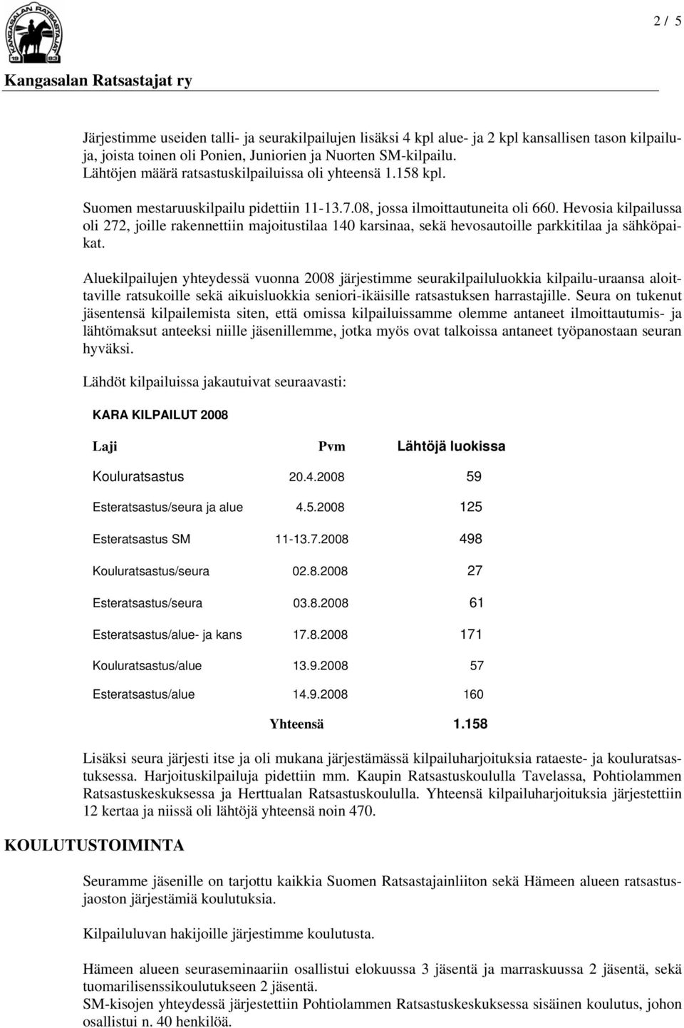 Hevosia kilpailussa oli 272, joille rakennettiin majoitustilaa 140 karsinaa, sekä hevosautoille parkkitilaa ja sähköpaikat.