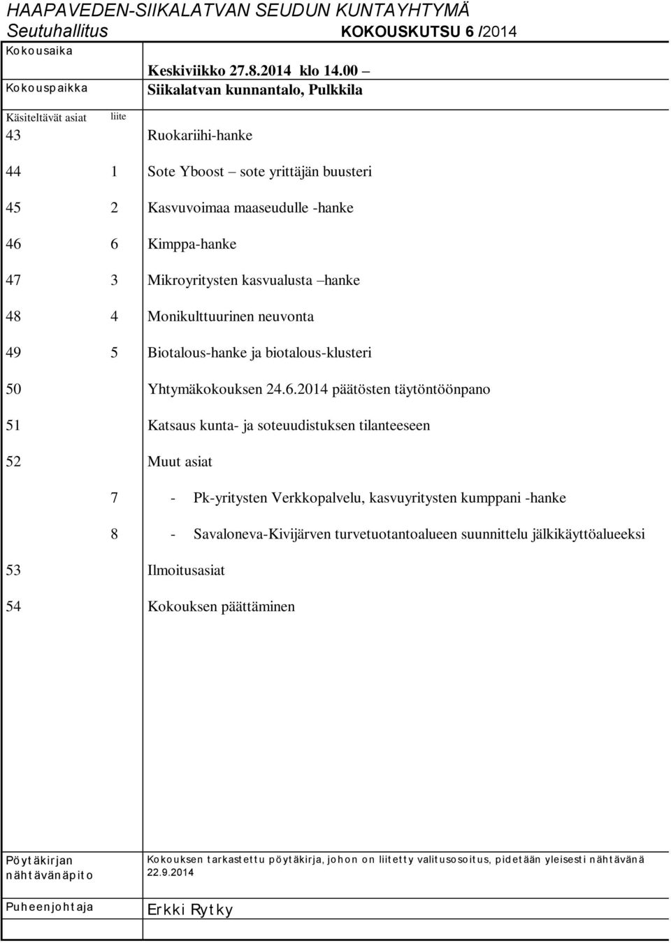 maaseudulle -hanke Kimppa-hanke Mikroyritysten kasvualusta hanke Monikulttuurinen neuvonta Biotalous-hanke ja biotalous-klusteri Yhtymäkokouksen 24.6.