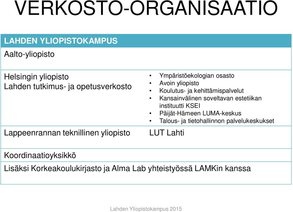 kehittämispalvelut Kansainvälinen soveltavan estetiikan instituutti KSEI Päijät-Hämeen LUMA-keskus Talous- ja