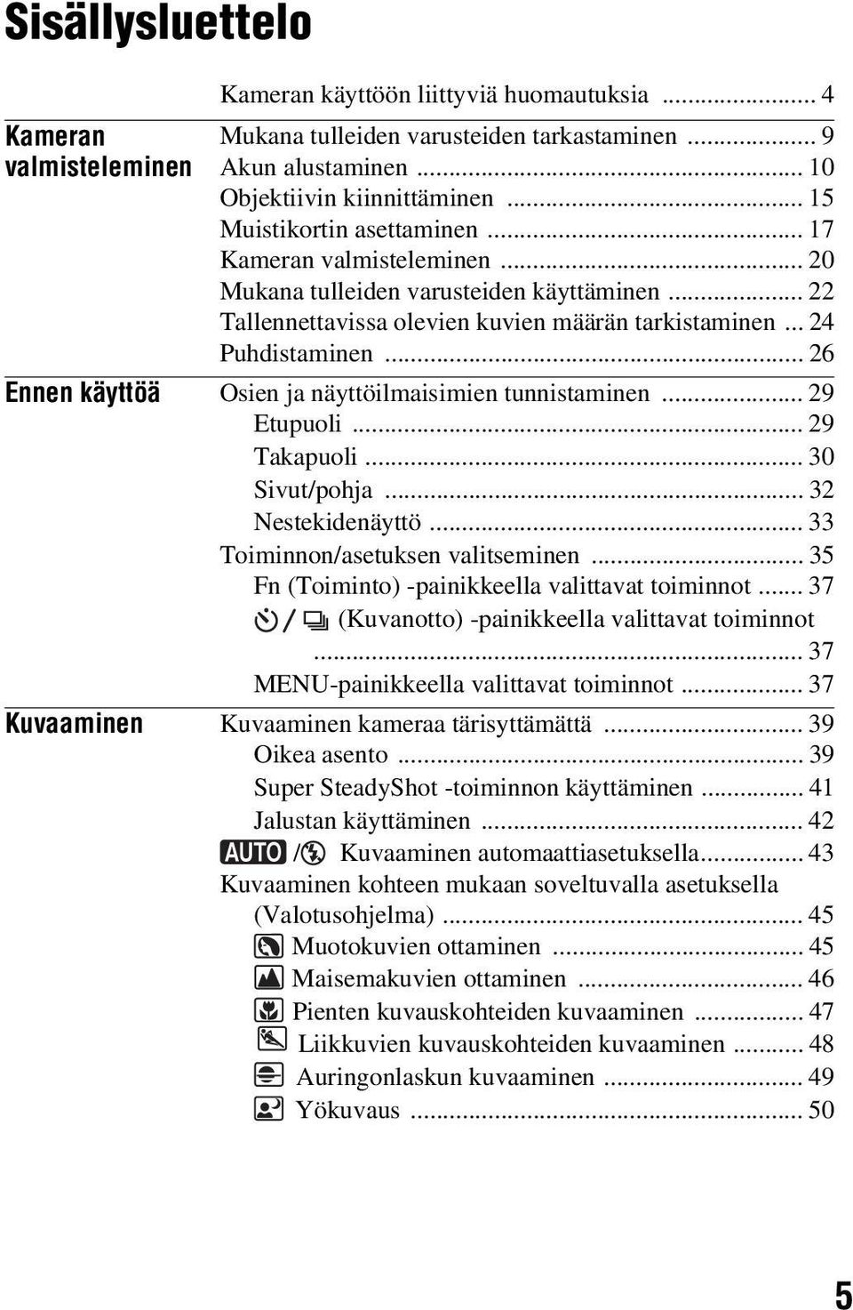 .. 26 Ennen käyttöä Osien ja näyttöilmaisimien tunnistaminen... 29 Etupuoli... 29 Takapuoli... 30 Sivut/pohja... 32 Nestekidenäyttö... 33 Toiminnon/asetuksen valitseminen.