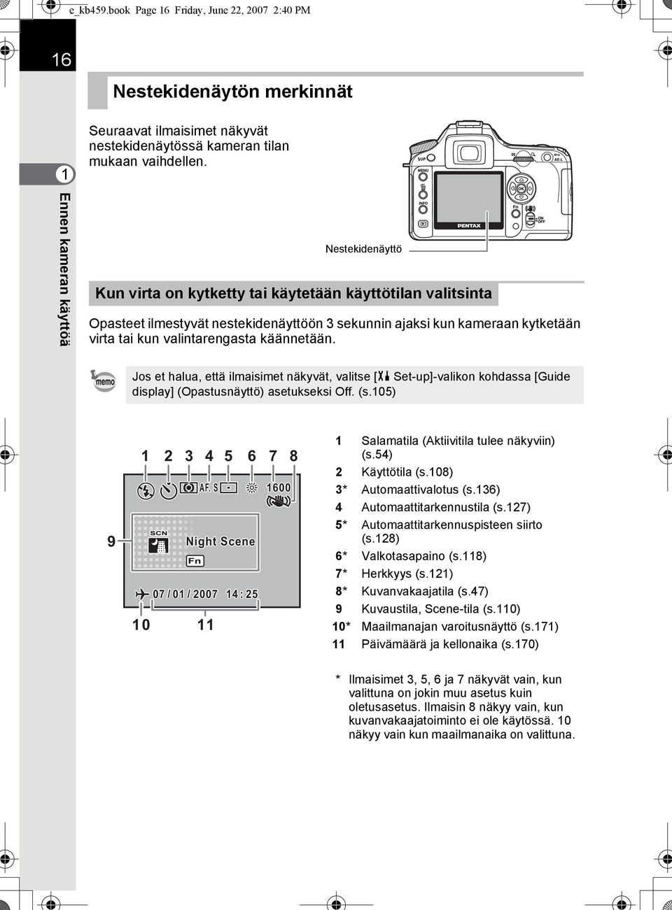 valintarengasta käännetään. Jos et halua, että ilmaisimet näkyvät, valitse [H Set-up]-valikon kohdassa [Guide display] (Opastusnäyttö) asetukseksi Off. (s.105) 9 1 10 2 3 4 5 6 7 8 AF.