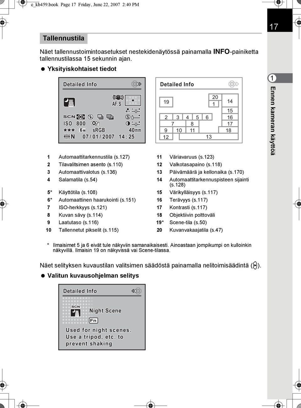 110) 12 Valkotasapaino (s.118) 3 Automaattivalotus (s.136) 13 Päivämäärä ja kellonaika (s.170) 4 Salamatila (s.54) 14 Automaattitarkennuspisteen sijainti (s.128) 5* Käyttötila (s.