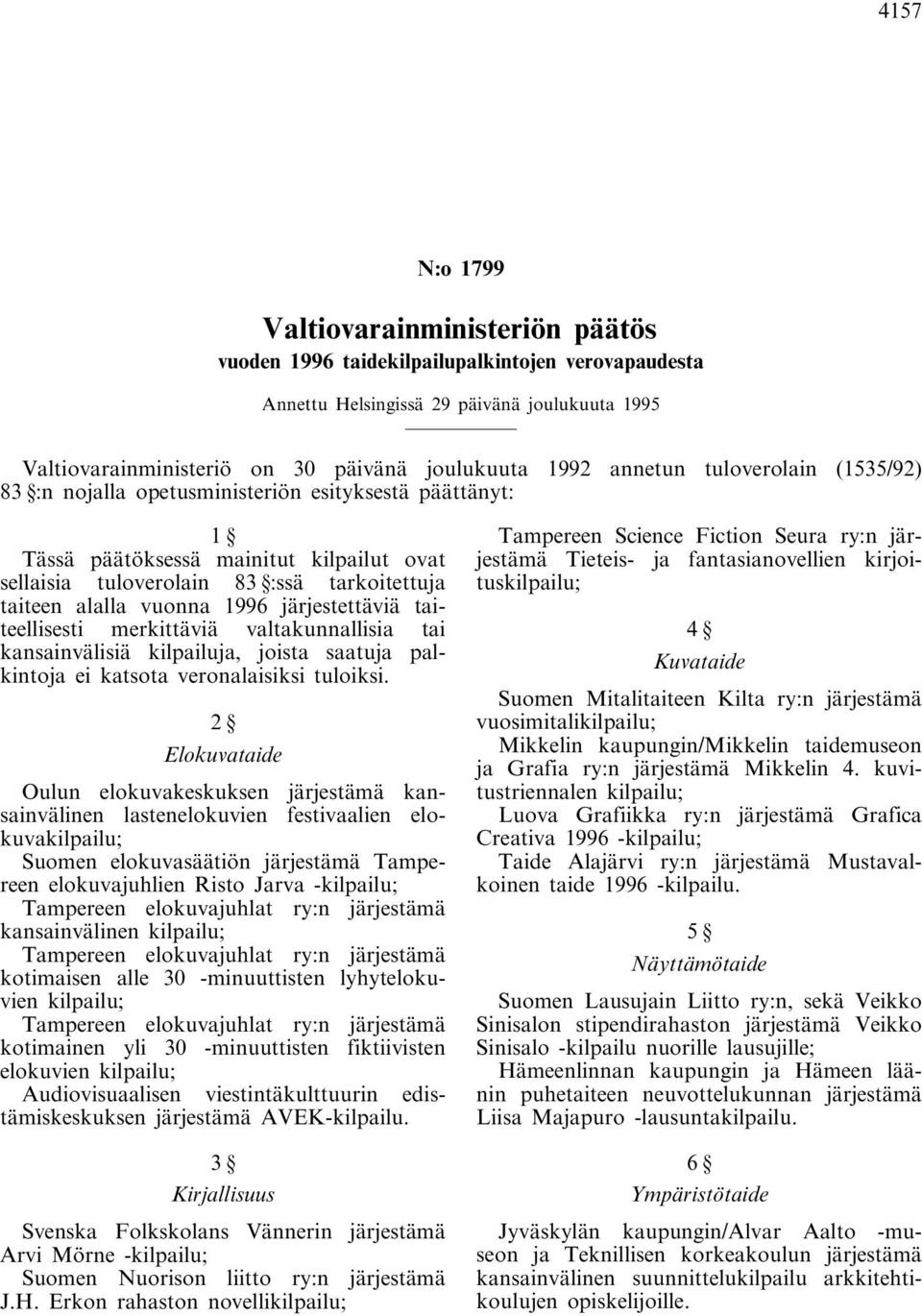 1996 järjestettäviä taiteellisesti merkittäviä valtakunnallisia tai kansainvälisiä kilpailuja, joista saatuja palkintoja ei katsota veronalaisiksi tuloiksi.