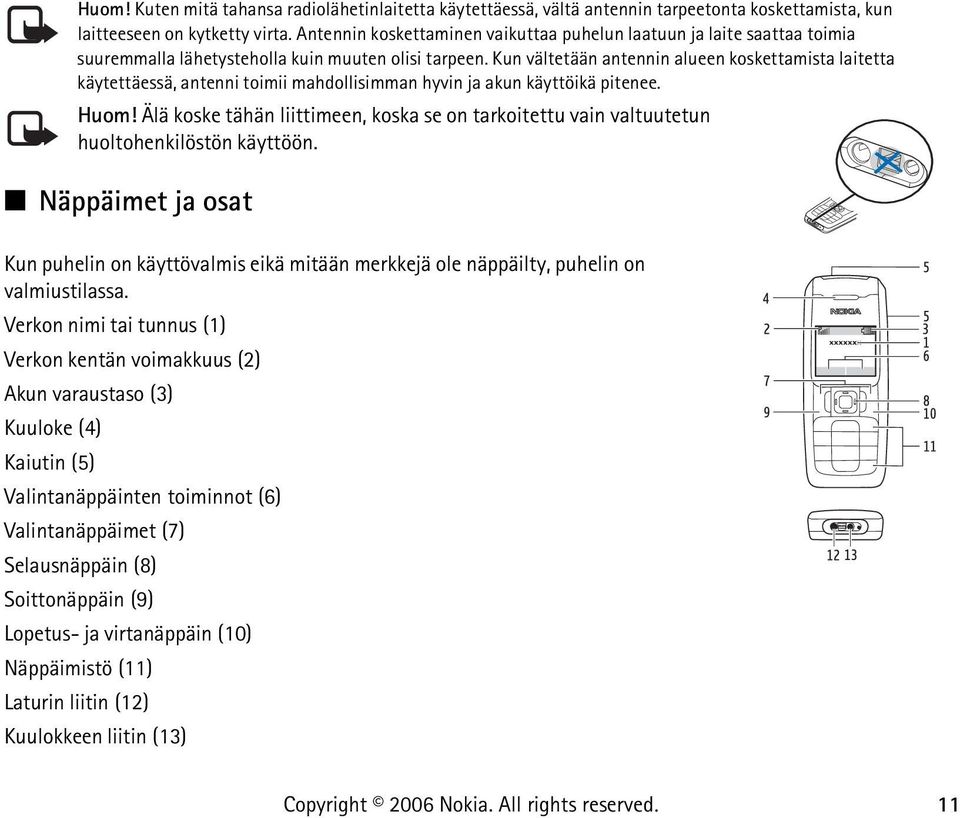 Kun vältetään antennin alueen koskettamista laitetta käytettäessä, antenni toimii mahdollisimman hyvin ja akun käyttöikä pitenee. Huom!