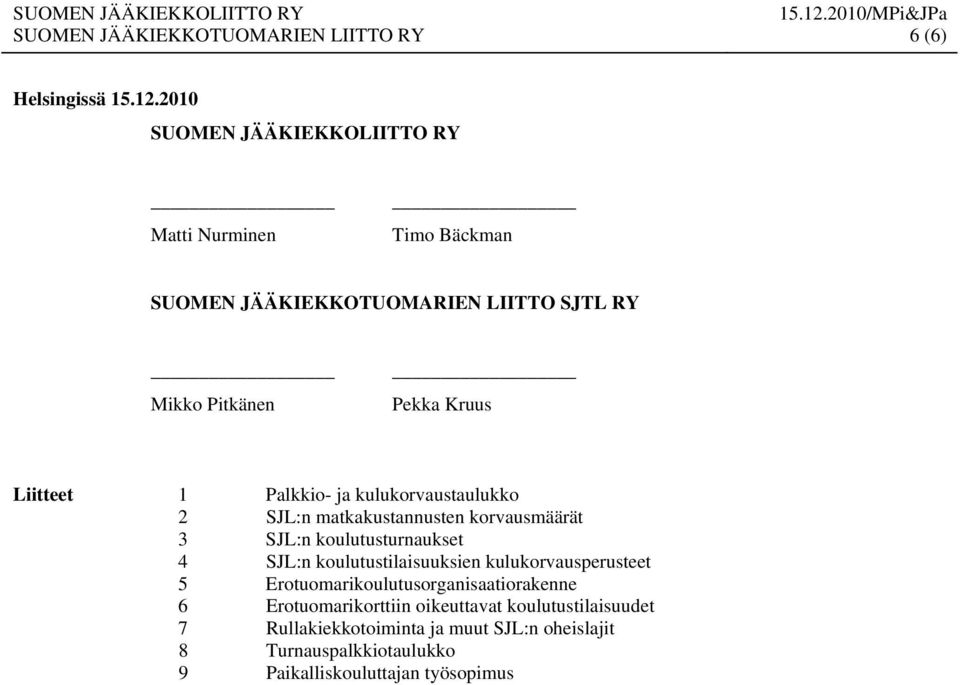 2010 SUOMEN JÄÄKIEKKOLIITTO RY Matti Nurminen Timo Bäckman SUOMEN JÄÄKIEKKOTUOMARIEN LIITTO SJTL RY Mikko Pitkänen Pekka Kruus Liitteet 1 Palkkio-