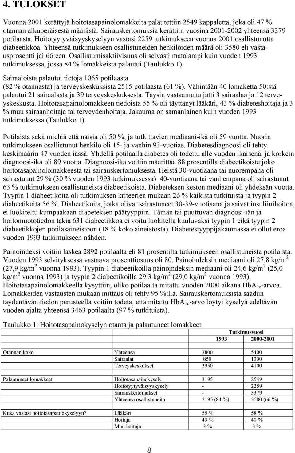 Yhteensä tutkimukseen osallistuneiden henkilöiden määrä oli 3580 eli vastausprosentti jäi 66:een.