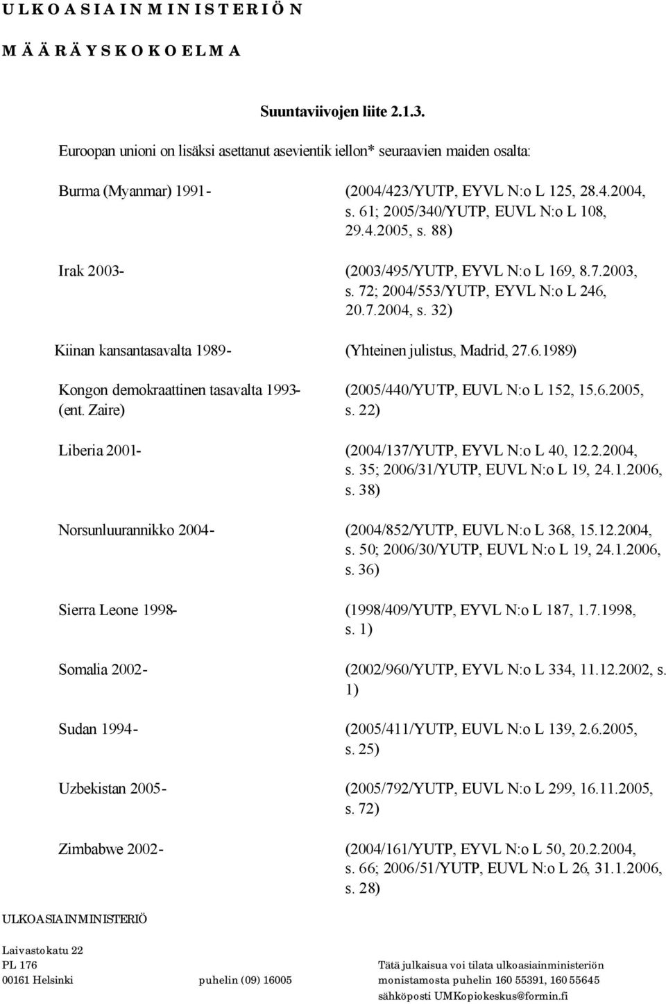 32) Kiinan kansantasavalta 1989- (Yhteinen julistus, Madrid, 27.6.1989) Kongon demokraattinen tasavalta 1993- (2005/440/YUTP, EUVL N:o L 152, 15.6.2005, (ent. Zaire) s.