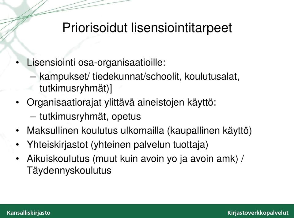 käyttö: tutkimusryhmät, opetus Maksullinen koulutus ulkomailla (kaupallinen käyttö)